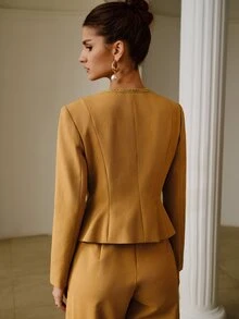 ZEYLAH Elegant Commuter Waist-Cinching Asymmetrical Front Short Blazer - Camel - View 5