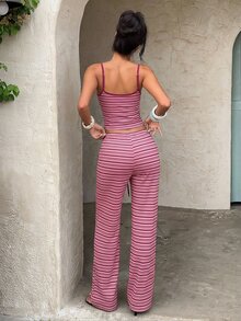 Aloruh 女款休閒居家條紋細肩帶背心與長褲套裝，初秋百搭內著條紋兩件套 - 粉色 - 查看 2