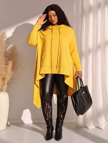 BrightlyHer Plus Size Solid Hooded Long Sleeve Drawstring Asymmetric Hem Sweatshirt With Pockets Autumn 2026 Formal Vacation Soft Yellow Black Casual - Yellow - View 4