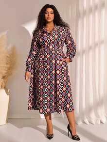EMERY ROSE Gaun Wanita Ukuran Besar Lengan Panjang Motif Geometris dengan Saku, Kasual Elegan, Cocok untuk Musim Gugur, Kantor, Formal, dan Acara Malam, Warna Hitam - MultiWarna - View 4