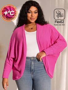 BrightlyHer Plus Size Solid Ribbed Shawl Collar Long Sleeve Knit Cardigan Autumn 2026 Business Club Fuchsia Pink Casual Western - Hot Pink - View 2