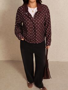 Elaquor Plus Size French Style Versatile Polka Dot Print Long Sleeve Jacket - Coffee Brown - View 6