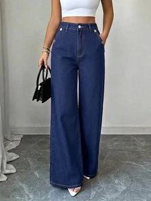 Elenzga Celana Panjang Denim Biru Tua Wanita Serbaguna untuk Semua Musim, Motif Kancing, Banyak Saku, Potongan Lebar - Dark Wash - View 4