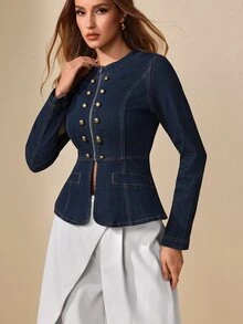 Selenza Jaket Denim Kasual Wanita Kancing Ganda, Musim Gugur - Dark Wash - View 5