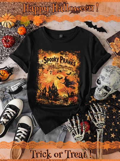 SHEIN EZwear Autumn New Halloween Ghost Witch Orange Print Pattern Round Neck Short Sleeve Women's T-Shirt Suitable For Halloween, Halloween, Fashion, Nightclub, Vintage Y2K Coconut Girl Bohemian Music Festival Minimalist Retro Style,