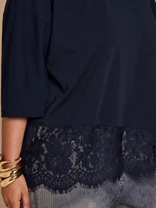 SHEIN BAE CURVE Plus Size Women's Fashion Versatile Lace Patchwork T-Shirt - Navy Blue - View 6