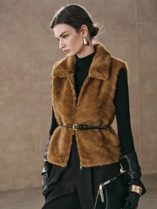 Anewsta Women's Autumn/Winter Lapel Faux Mink Wavy Embossed Vest Jacket - Coffee Brown - View 4