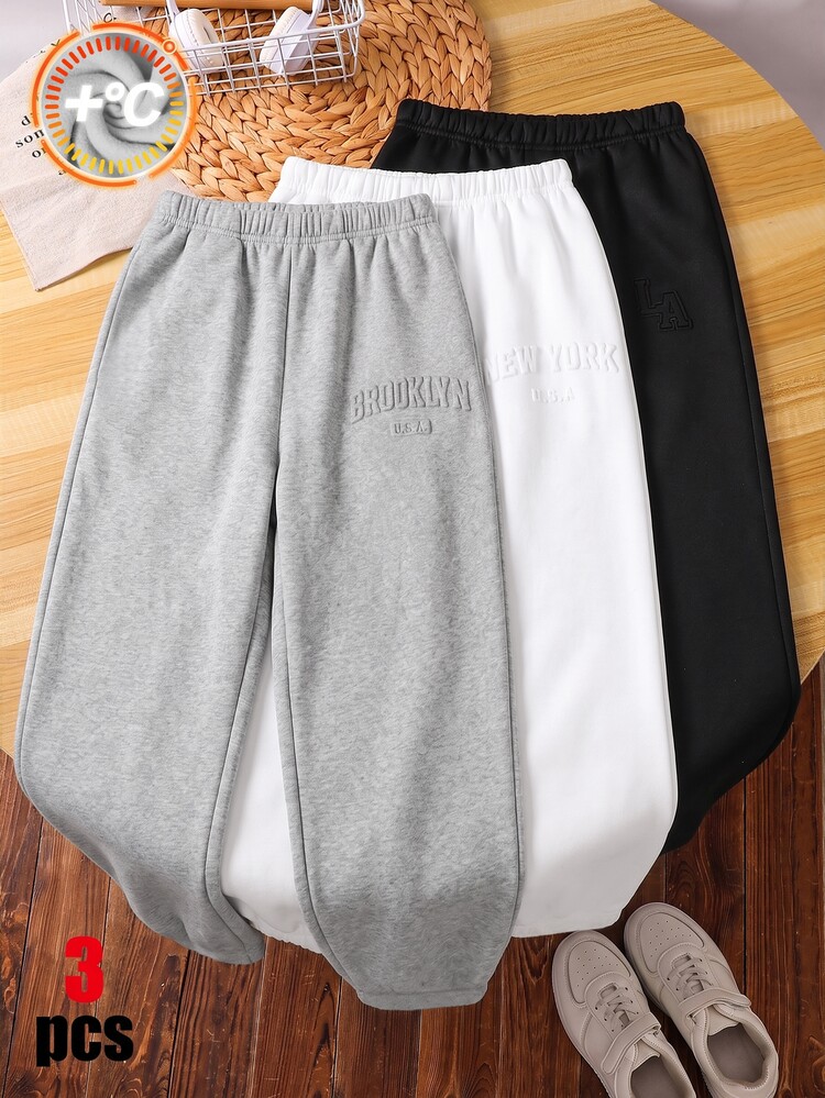 SHEIN 3pcs Kids Tween Boy Casual Versatile Style Black, White, Grey-Color Sweatpants Suitable For , School, Daily Casual Outings, Sports, All Winter - Multicolor - View 2