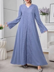 Al Najma 女款長版寬鬆休閒日常蕾絲飾邊黑色晨袍 - 霧霾藍 - 查看 6