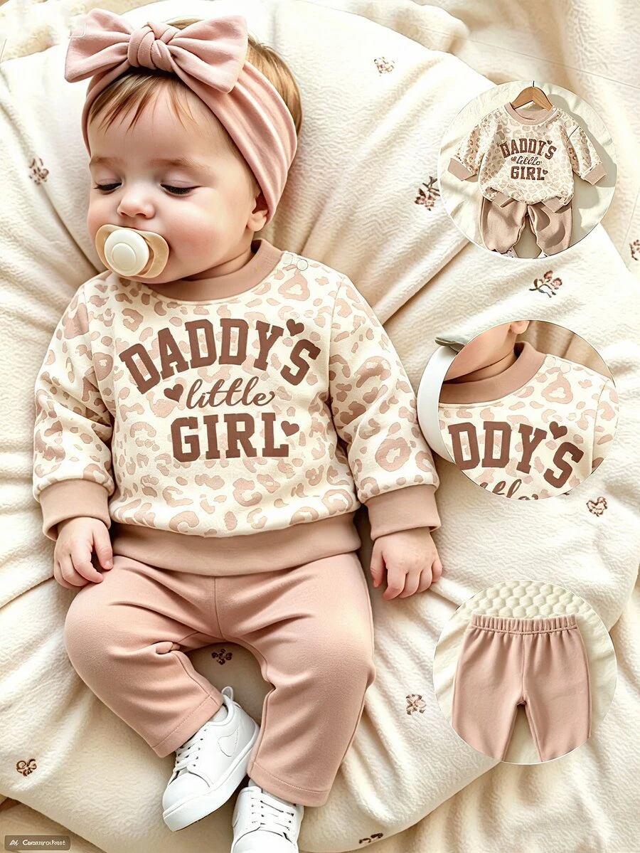2 Pieces Cute Baby Leopard Print Set: Long-Sleeve Shirt + Solid-Colored Pants, - Multicolor - View 1