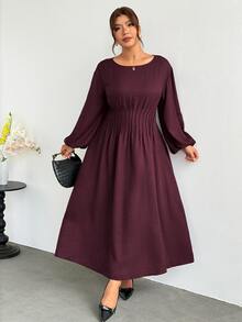 Firerie Plus Size Vintage Fashion Ruched Waist Long Sleeve Dress - Red Violet - View 1