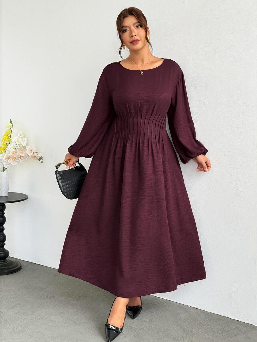 Firerie Plus Size Vintage Fashion Ruched Waist Long Sleeve Dress - Red Violet - View 1