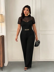 Femmeverse Plus Size Women's Fashion Elegant Round Neck Mesh Patchwork Short Sleeve, Waist Metal Buckle Decor Straight Leg Solid Color Jumpsuit, Suitable For Spring And Summer - Black - View 5
