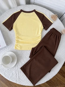 Tween Girls Printed T-Shirt And Long Pants Knit 2 Pieces Set, Casual Daily Fashion Versatile - Multicolor - View 2