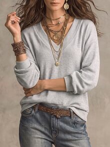 Breezaya 女款休閒羅紋針織衛衣，純色V領長袖套頭衫，落肩寬鬆版型日常上衣 - 淺灰色 - 查看 5