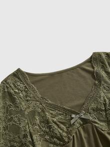 ROMWE Mori Style Hippie Fairycore V-Neck Lace Bell Sleeve Women's Top - Dark Green - View 3