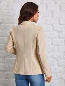 SHEIN PETITE 秋冬通勤穿搭 綠色水果領單扣黑色西裝外套 - 卡其色 - 查看 3