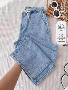 SHEIN Tween Girl Blue Loose Straight Leg Denim Jeans - Blue - View 2