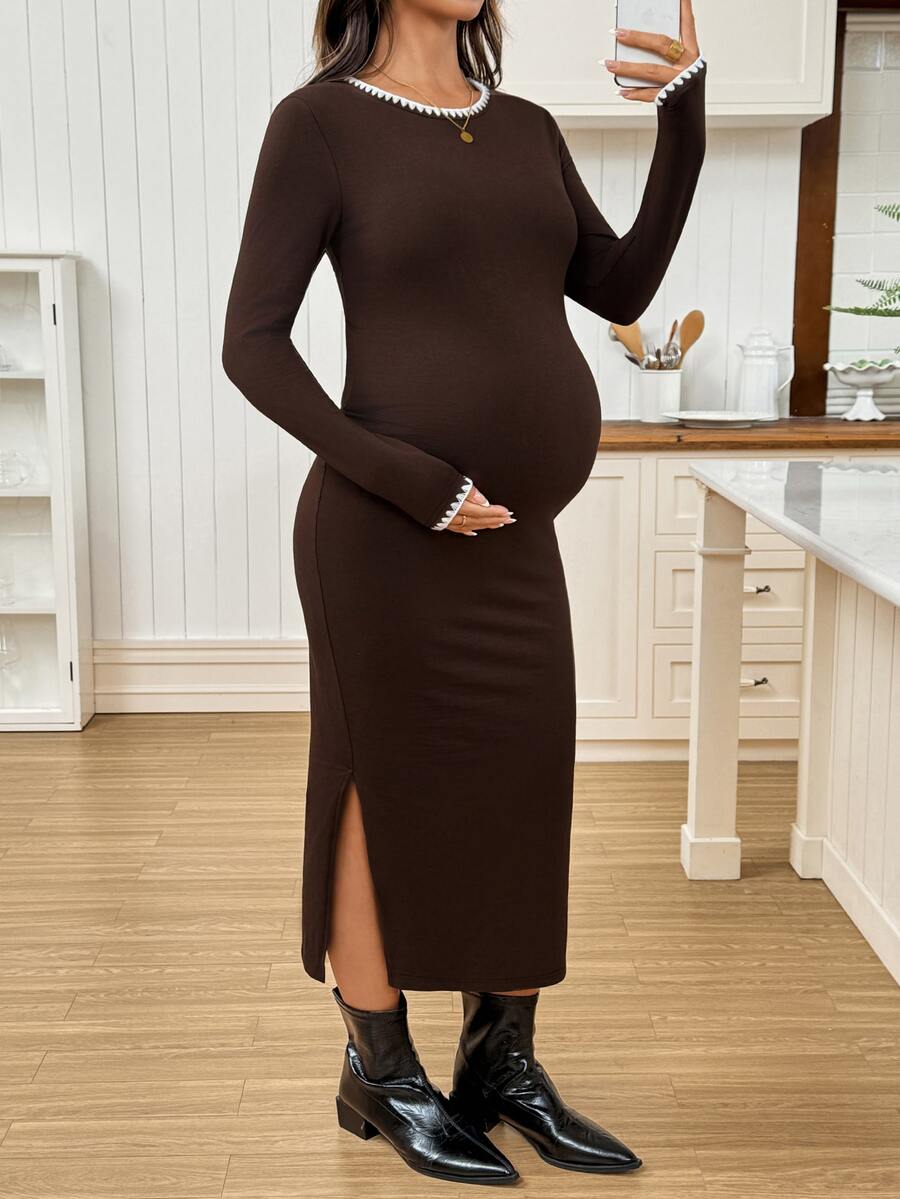 SHEIN Maternity Autumn Casual Side Slit Fitted Dress - Brown - View 1