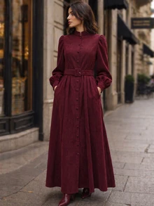 Balvessa Women's Elegant Commuter Front Button Long Dress, Autumn/Winter - Burgundy - View 1