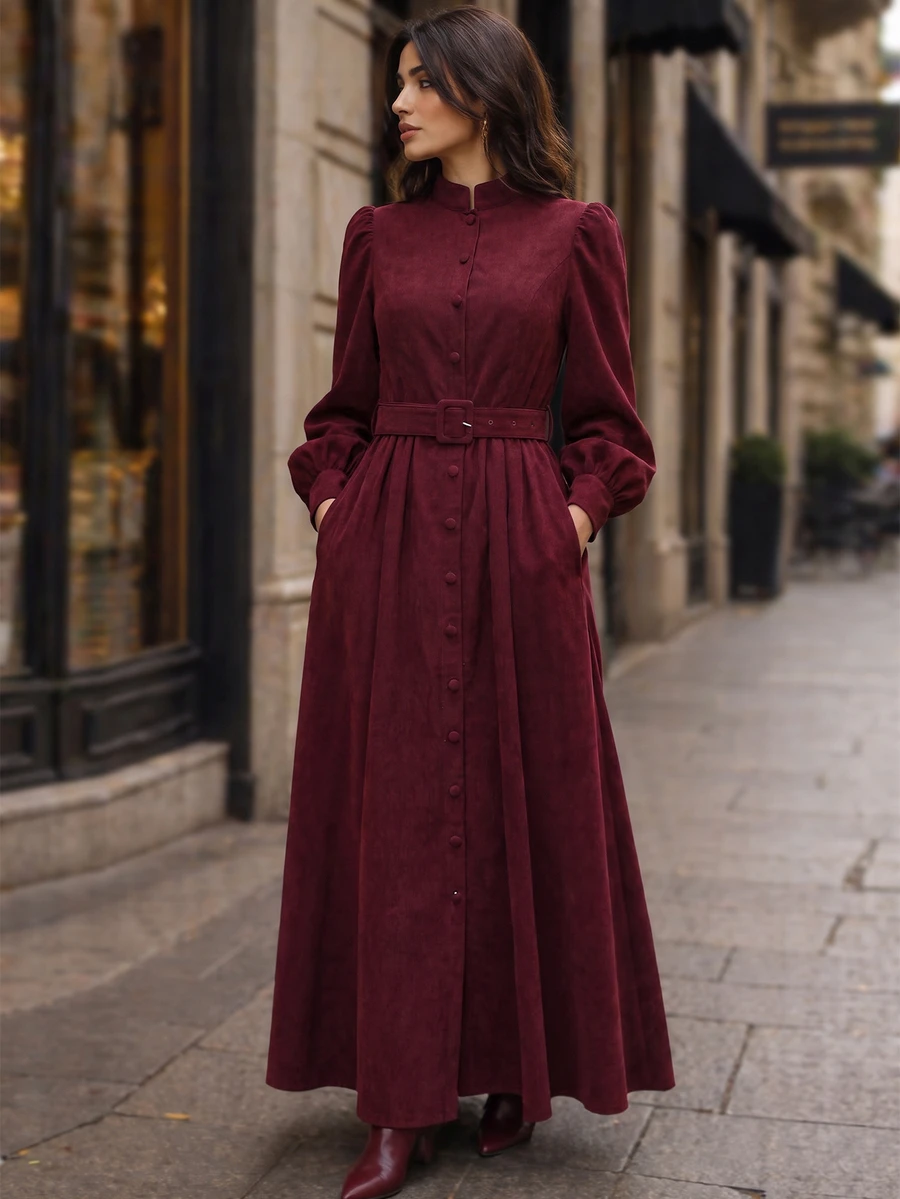 Balvessa Women's Elegant Commuter Front Button Long Dress, Autumn/Winter - Burgundy - View 1