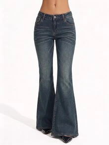 SHEIN Tall 女款休閒水洗低腰喇叭牛仔褲 - Fresh Green - 查看 2