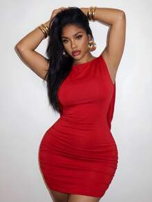 Slaydiva Plus Size Red Sequin Ruched Backless Mini Dress, Halloween Costume Sexy Party Cocktail Birthday Going Out - Red - View 6