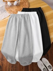 SHEIN 3件組兒童青少年男孩休閒百搭款黑色、白色、灰色運動長褲，適合學校、日常休閒外出、運動，冬季全季節穿著 - 彩色 - 查看 3
