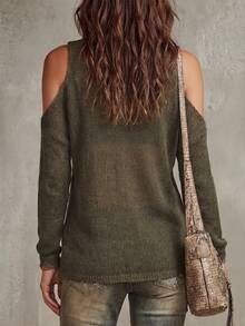 SHEIN New Arrival Women Mock Neck Cut Out Cold Shoulder Knit Sweater, Oversized Drop Shoulder Long Sleeve - Army Green - View 2
