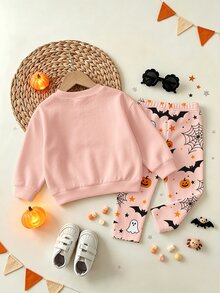Oo Cute To Spook 幼童女童萬聖節套裝，可愛幽靈與南瓜印花衛衣及蜘蛛網圖案內搭褲套組 (2件裝)，秋季服飾系列 - 彩色 - 查看 2