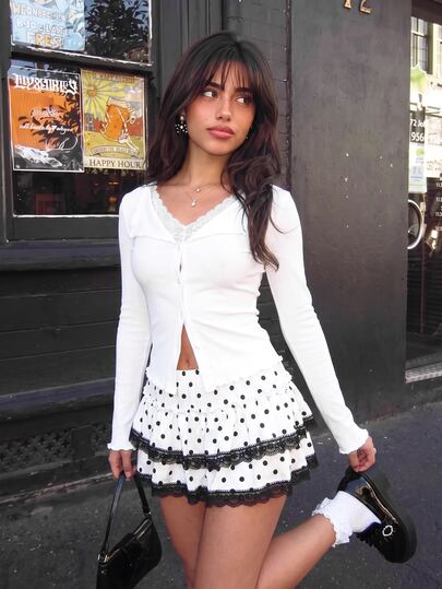 Sweetina Polka Dot Print Lace Patchwork Layered Mini Skirt