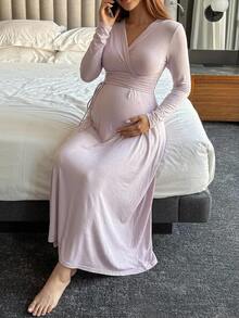 Dazy Maternity Solid Color Fitted Cinched Waist Ruched Tie Long Sleeve V-Neck Casual Vacation Daily Spring Autumn Dress Maternity Dress - Pink - View 4