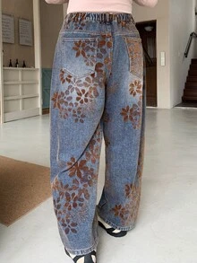 Dazy Plus Vintage Denim Flocked Heavy-Duty Loose Casual Curved Leg Long Jeans, Spring Autumn All-Season - Medium Wash - View 2