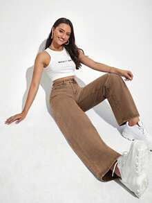 SHEIN PETITE Celana Jeans Denim Kasual Model Washed, Pinggang Tinggi, Potongan Lurus, Musim Gugur, Wanita Bertubuh Mungil, Untuk Sehari-hari - Coklat - View 6