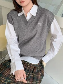Dazy Plus Girls Casual Korean Style Layered Vest Sweater Spring Autumn - Grey - View 3