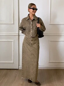 Livesso Setelan Jaket Denim Pendek dengan Celana Denim Lebar Warna Cokelat Musim Gugur dan Saku Kancing Kerah - Coklat - View 4