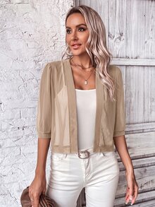 Medorina Solid Open Front Sheer Mesh Jacket In Fall/Winter,Casual - Khaki - View 3
