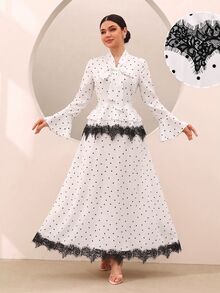 Graceveil Korean Style Polka Dot Print Lace Patchwork Bowknot Flared Sleeve Ruffle Blouse & Full Skirt 2 Pieces Set, Gentle And Elegant For Women - Multicolor - View 2