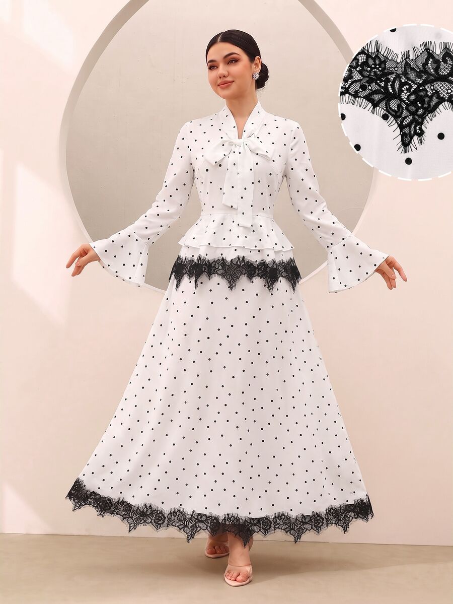 Graceveil Korean Style Polka Dot Print Lace Patchwork Bowknot Flared Sleeve Ruffle Blouse & Full Skirt 2 Pieces Set, Gentle And Elegant For Women