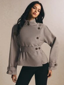 Poéselle 女款秋季休閒格紋風衣外套 - 彩色 - 查看 5
