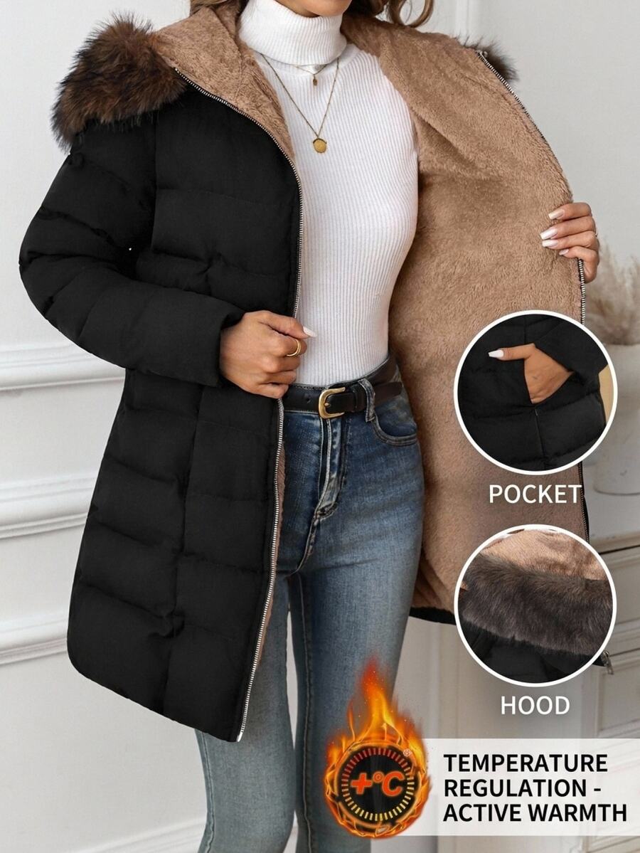 SHEIN Clasi معطف شتوي مبطن للنساء من الفرو الصناعي بتصميم مرقع مع بطانية رأس وجيوب
