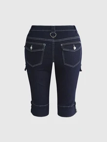 ROMWE Y2K Retro 7/10 Length Pants With Pocket Decor, Versatile Casual Stretch - Blue - View 2