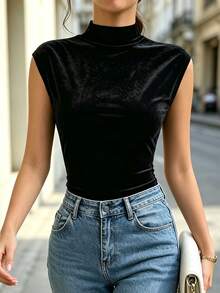 RosyDaze Women's Elegant Commuter Slim Fit High Neck Velvet Top For Early Autumn - Black - View 1