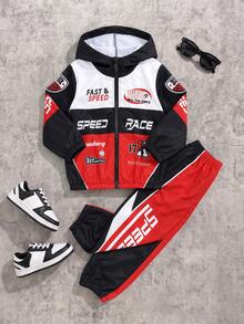 Young Boy Jacket Set, Boys Racing Theme 2 Pieces Set, Hooded Zip-Up Jacket + Jogger Pants. Red Black White Colorblock Patchwork, All-Over Racing Style Letter Print, Elastic Cuffs And Hem, Smooth Fabric, Motorcycle Style - Red - View 3
