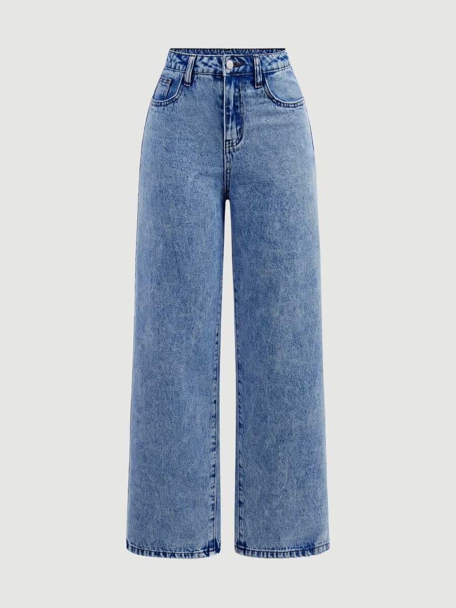 SHEIN Girlism 青少年女孩休閒水洗直筒牛仔褲秋季服飾 - 中等水洗藍 - 查看 1