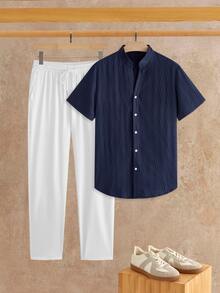 HIMLAND 2pcs/Set Men's Casual Woven Stand Collar Small V-Neck Short Sleeve Shirt Set - Multicolor - View 1