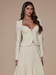 SHEIN BAE Women's Solid Color Long Sleeve Single-Breasted Blazer And Skirt Elegant Suit Set - Apricot - View 6