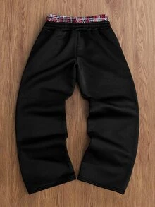 TOKVUE 男士 INS 熱銷刺繡 3D 簽名拼接格紋運動長褲，送給男友/丈夫的禮物，適合聚會與旅行 - 黑色 - 查看 2