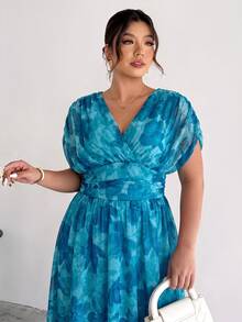 Firerie Women's New Elegant Vacation Commute Casual French Romantic Cross Pleated Batwing Sleeve Cinched Waist Umbrella Hem Long Dress, Umbrella Hem Long Dress, Elegant Romantic Long Dress, V-Neck Long Dress, Sexy Daily Elegant Commute Women's Long Dress, Spring/Summer Clothing, Elegant, Commute, Date, Party Dress, Graduation Dress, Wedding Guest Dress, Ball Gown, Formal Occasion - Blue - View 7