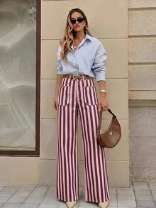 Selenza Women's Pocket Design Striped Straight Leg Loose Casual Denim Jeans - Red Violet - View 3